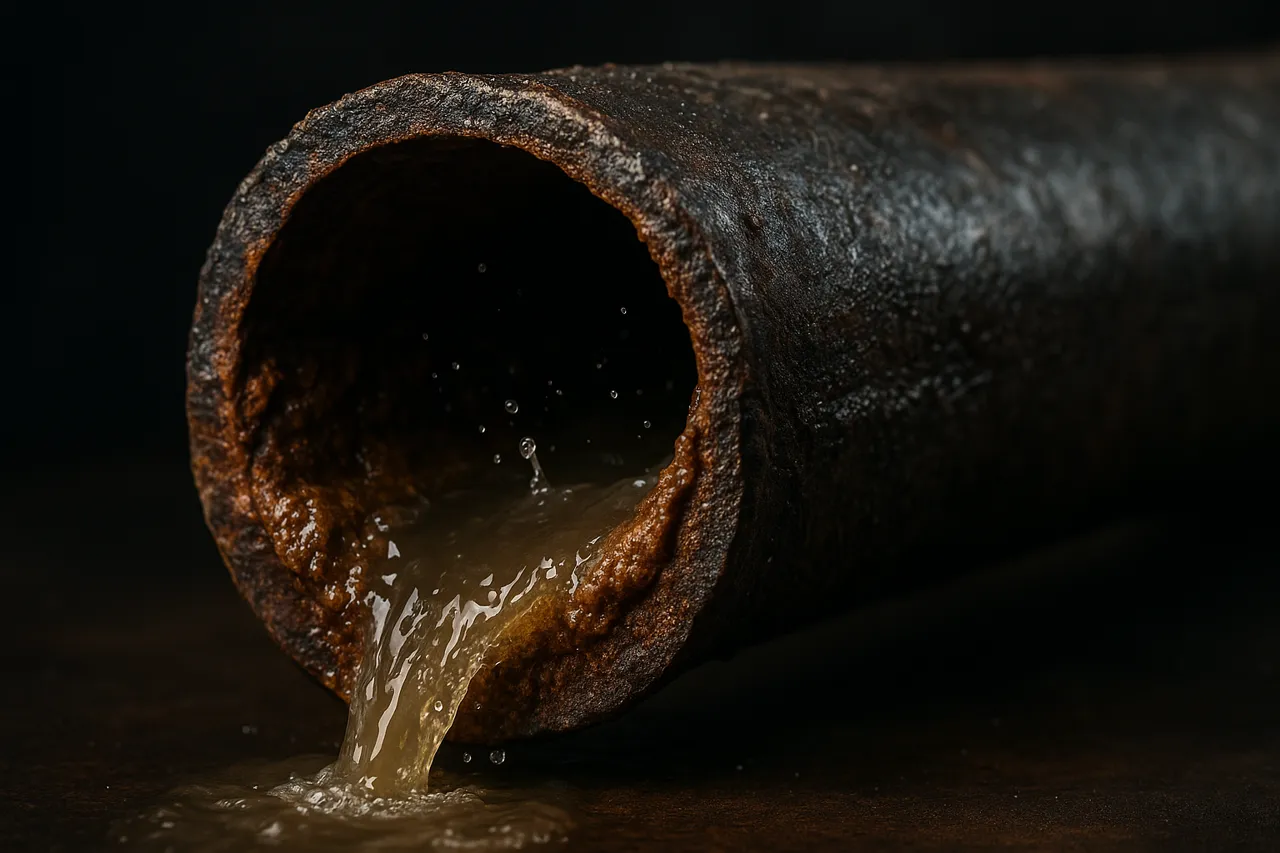 Coupe transversale d'une vieille conduite d'eau corrodée, montrant la rouille et l'eau trouble à l'intérieur