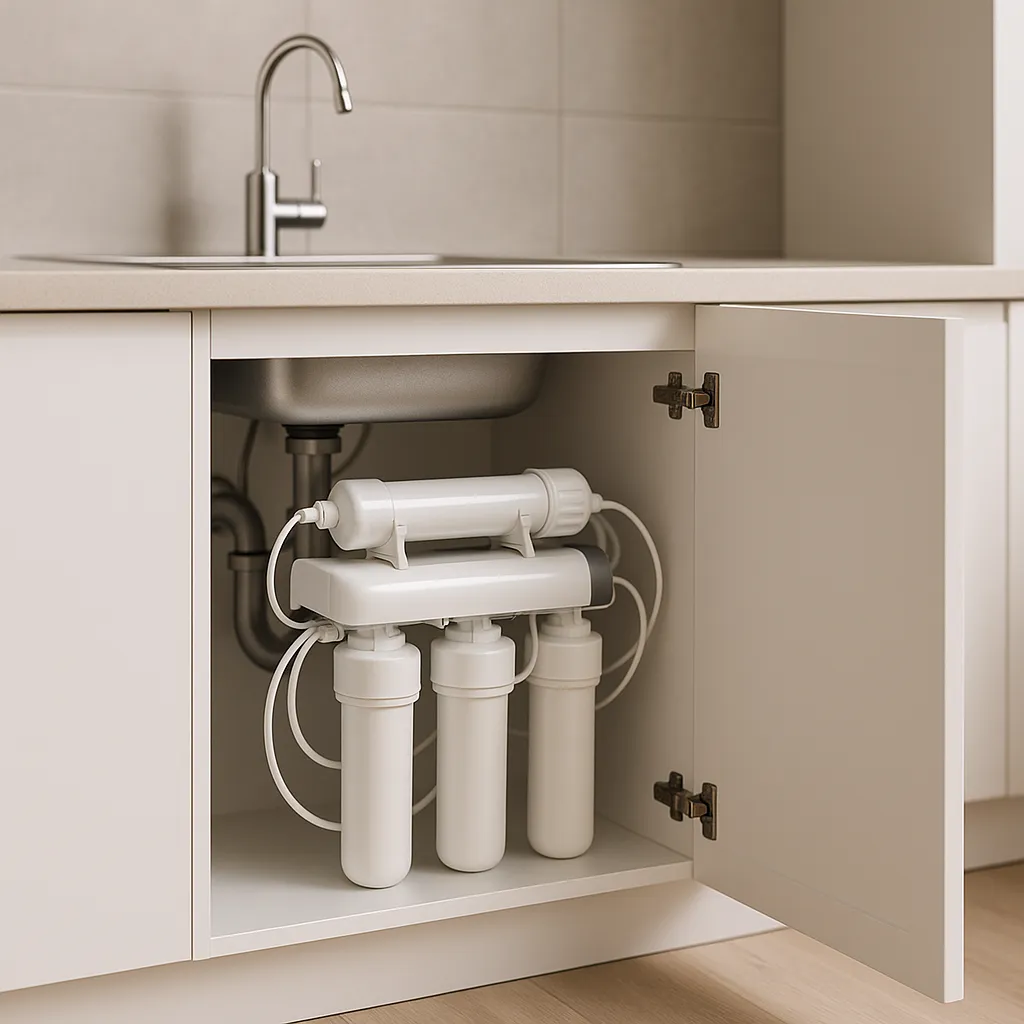 Système de filtration sous l'évier installé dans une armoire de cuisine
