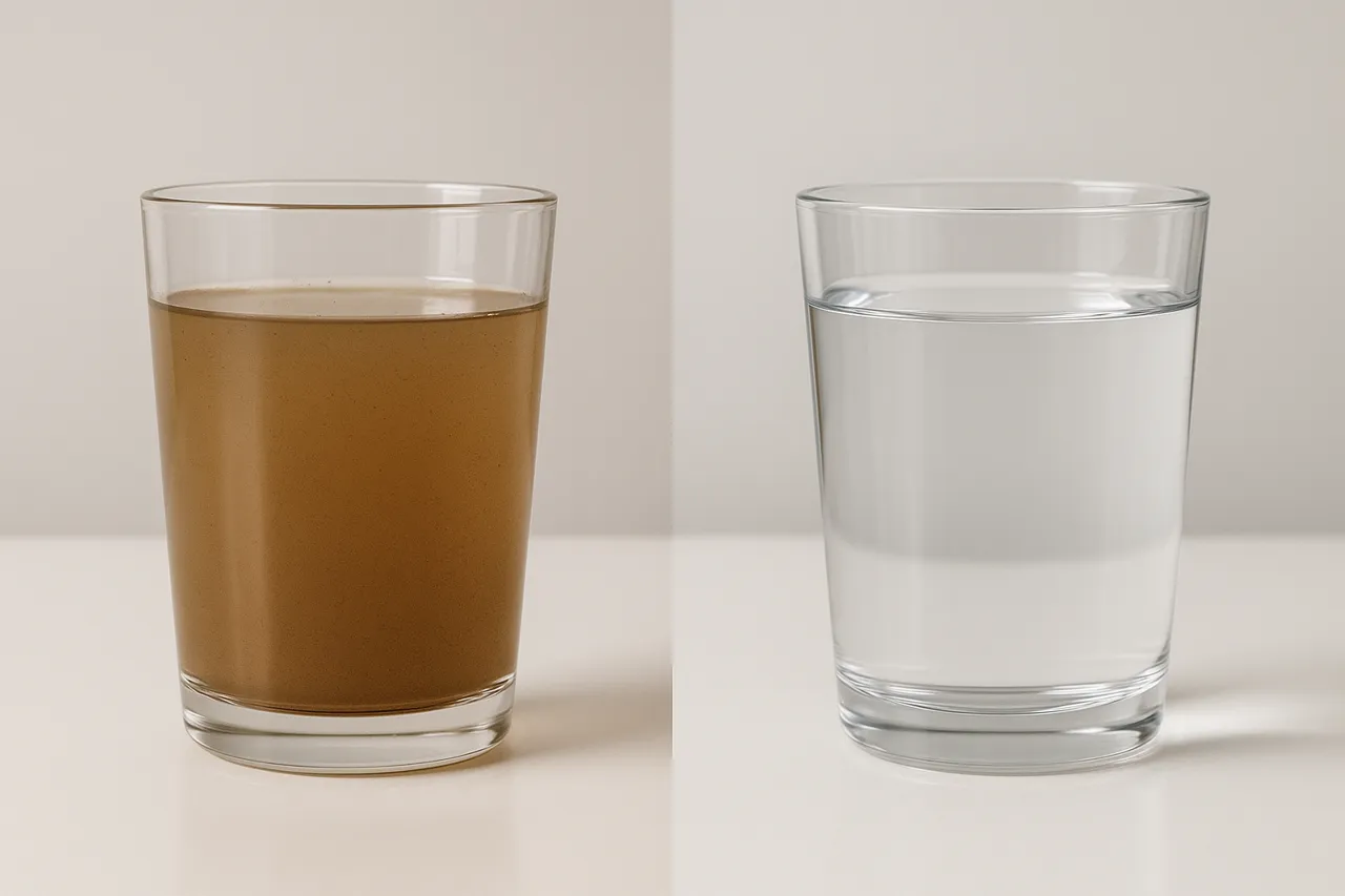 Comparaison d'un verre d'eau trouble avant filtration et d'un verre d'eau limpide après filtration